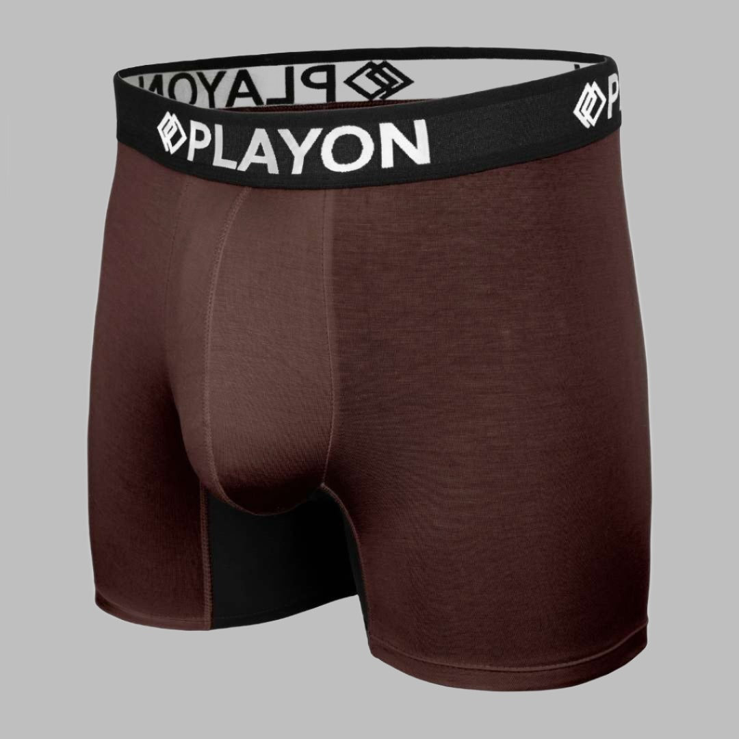 Bamboo Boxers - the best in the UK. Chestnut Brown Soft snug comfortable Bamboo Boxers contoured pouch no chafe no ride up no irritation friction free panels chafe stopper panels hypo-allergenic sustainable bamboo