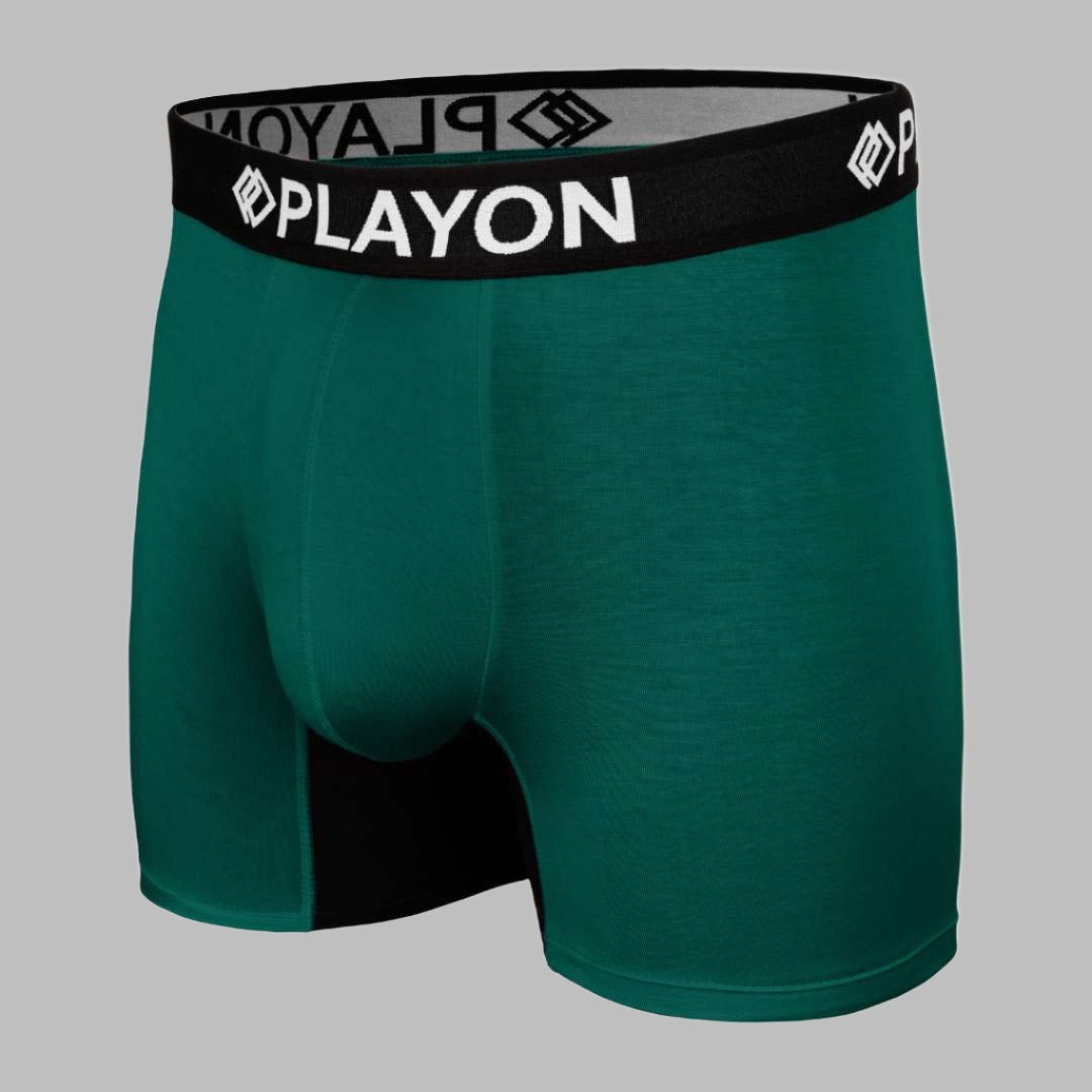Bamboo Boxers - the best in the UK. Racing Green Soft snug comfortable Bamboo Boxers contoured pouch no chafe no ride up no irritation friction free panels chafe stopper panels hypo-allergenic sustainable bamboo