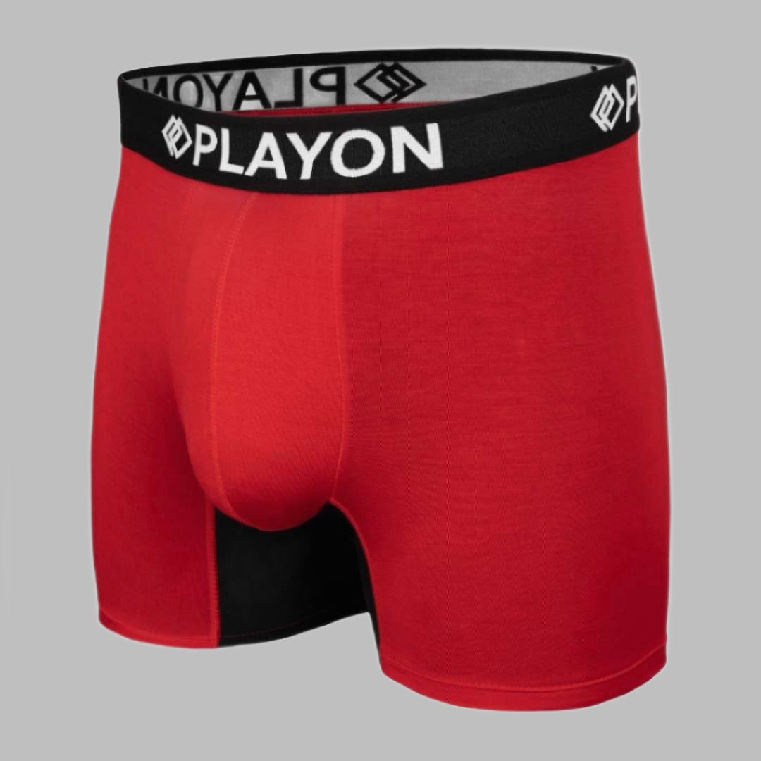 Bamboo Boxers - the best in the UK. Sunset Red Soft snug comfortable Bamboo Boxers contoured pouch no chafe no ride up no irritation friction free panels chafe stopper panels hypo-allergenic sustainable bamboo